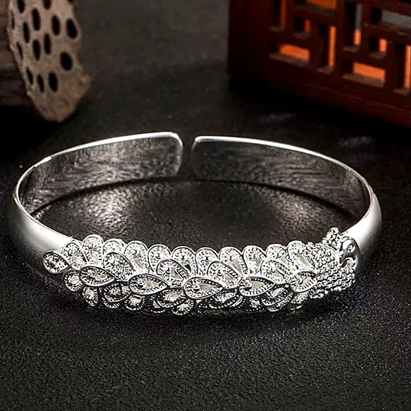Peacock Animal Sterling Silver Adjustable Bangle Bracelet - Picture 7 of 9